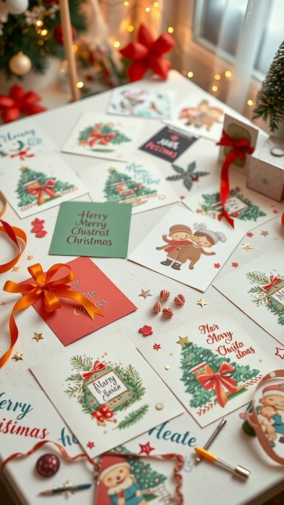 A scrapbooking table with Christmas cards, festive decorations, and crafting materials.